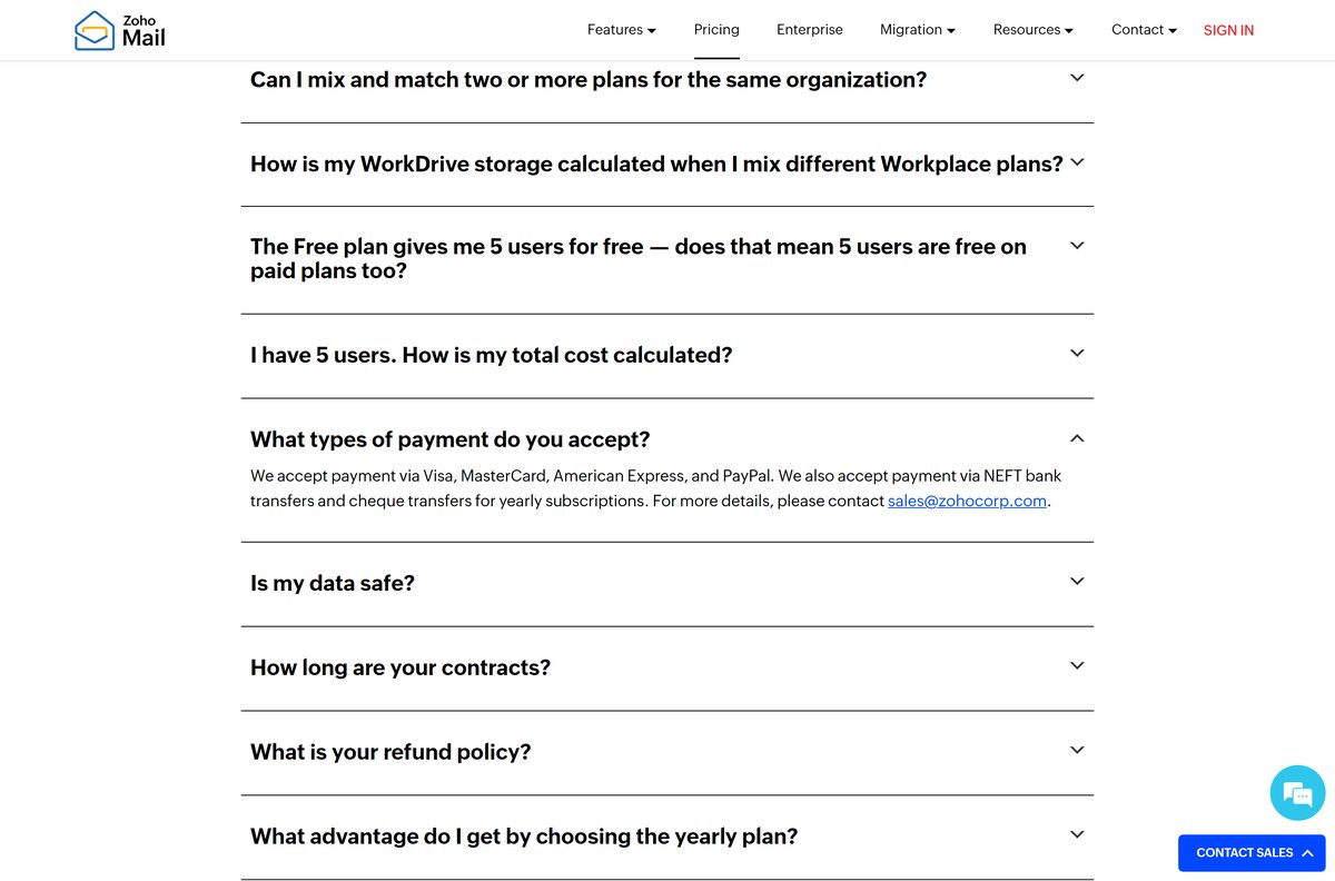 Zoho Mail pricing page comparing the mail and workplace plans