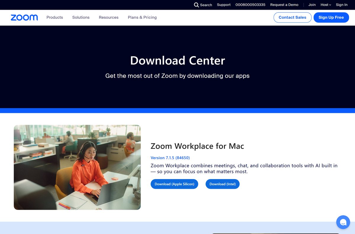 Zoom download page for Mac with Apple Silicon and Intel buttons