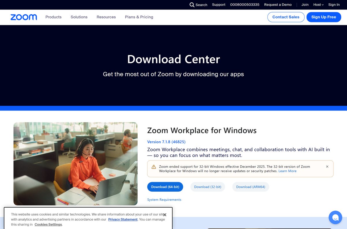 Zoom Download Center with the 64-bit, 32-bit and ARM64 buttons