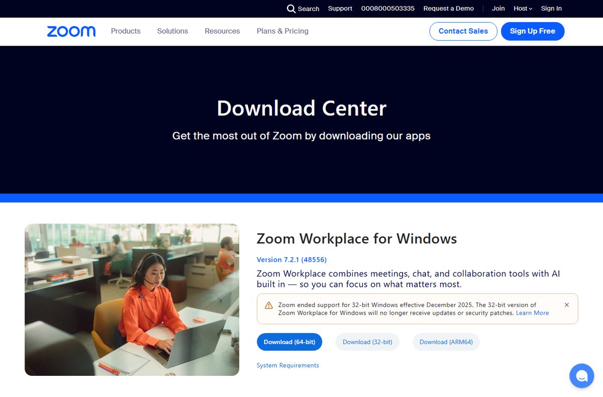 Zoom Download Center page showing Windows download buttons and version number