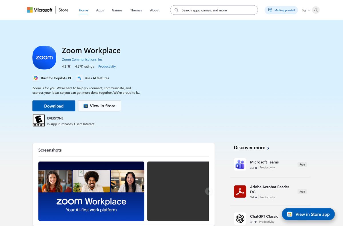 Microsoft Store page for Zoom Workplace with its publisher and rating