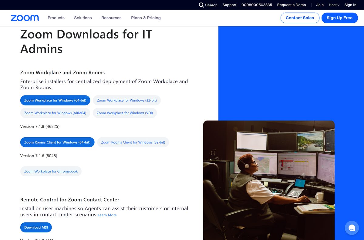 Zoom IT admin page listing the MSI packages and the VDI client