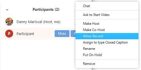 Zoom participant list context menu with Allow Record highlighted