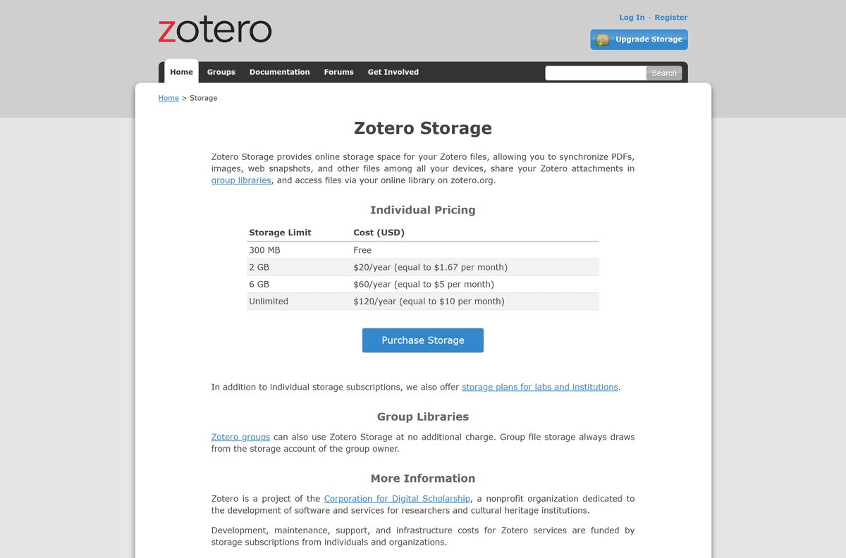 Zotero Storage pricing table with free and paid plans