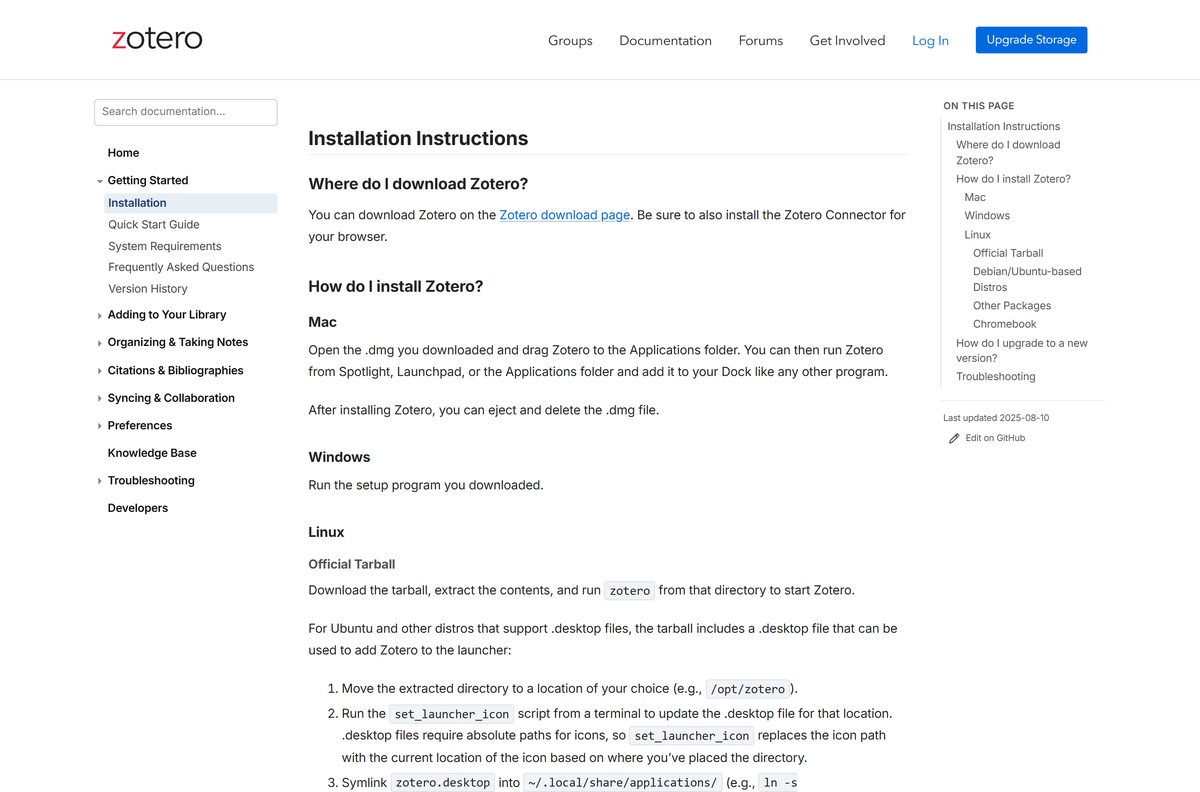 Zotero documentation page with Mac, Windows and Linux install steps