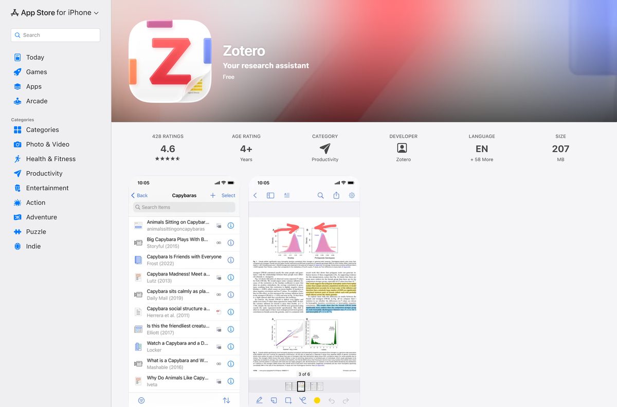 App Store listing for Zotero with its rating and size