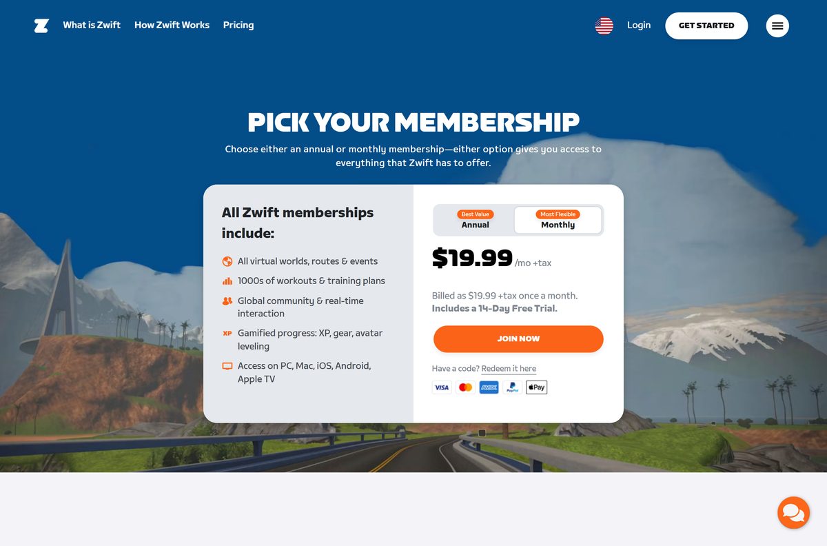 Zwift membership page showing monthly and annual plans