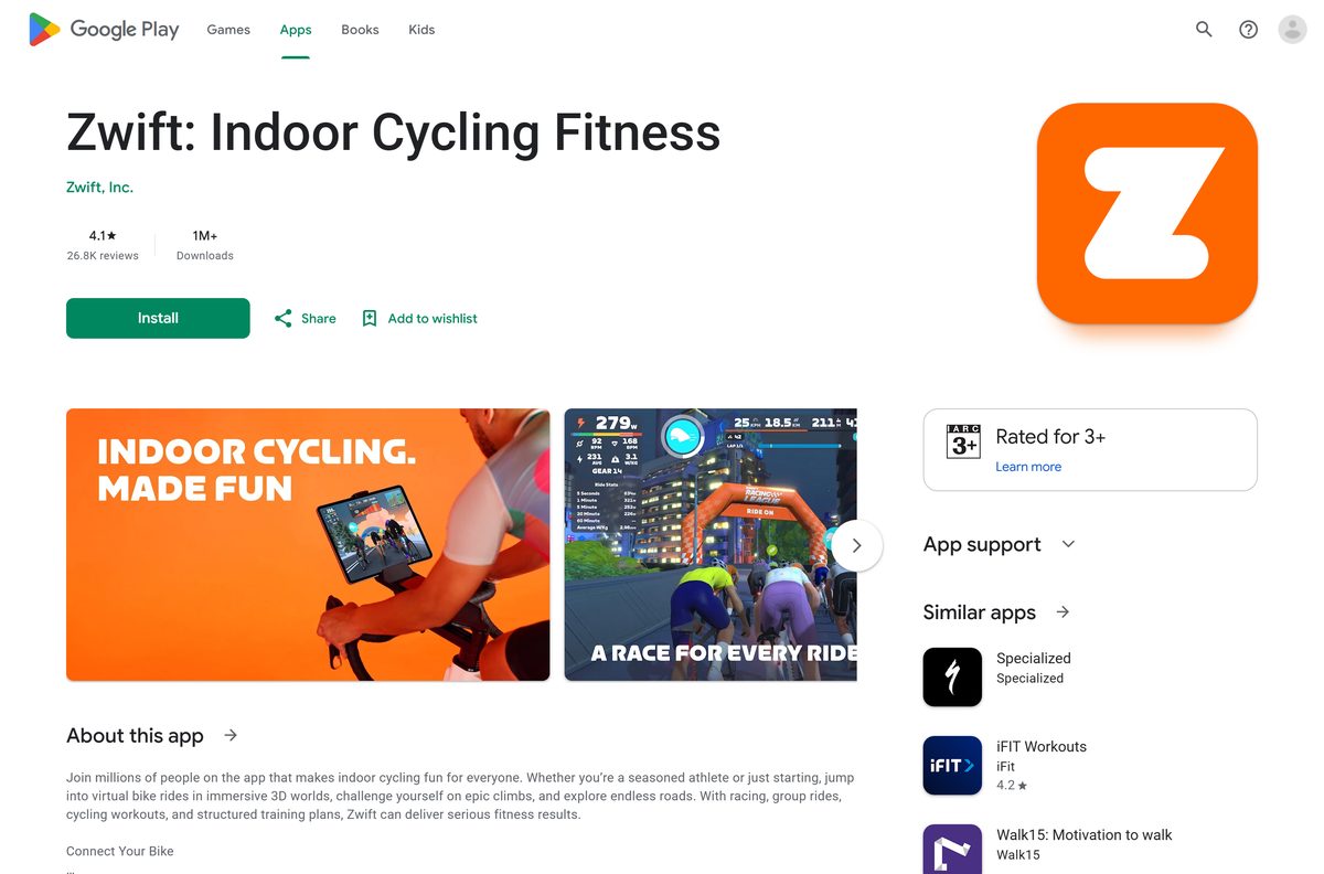 Google Play listing for Zwift with reviews and install button