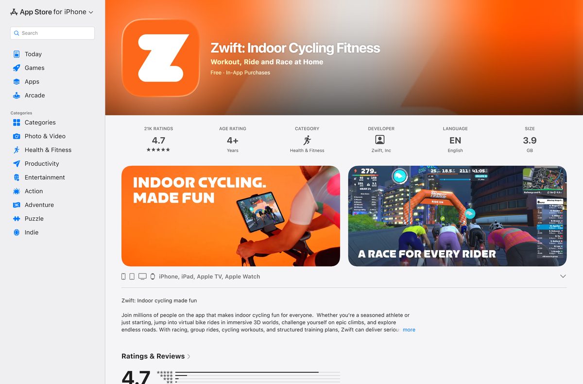 App Store listing for Zwift with rating, size and developer