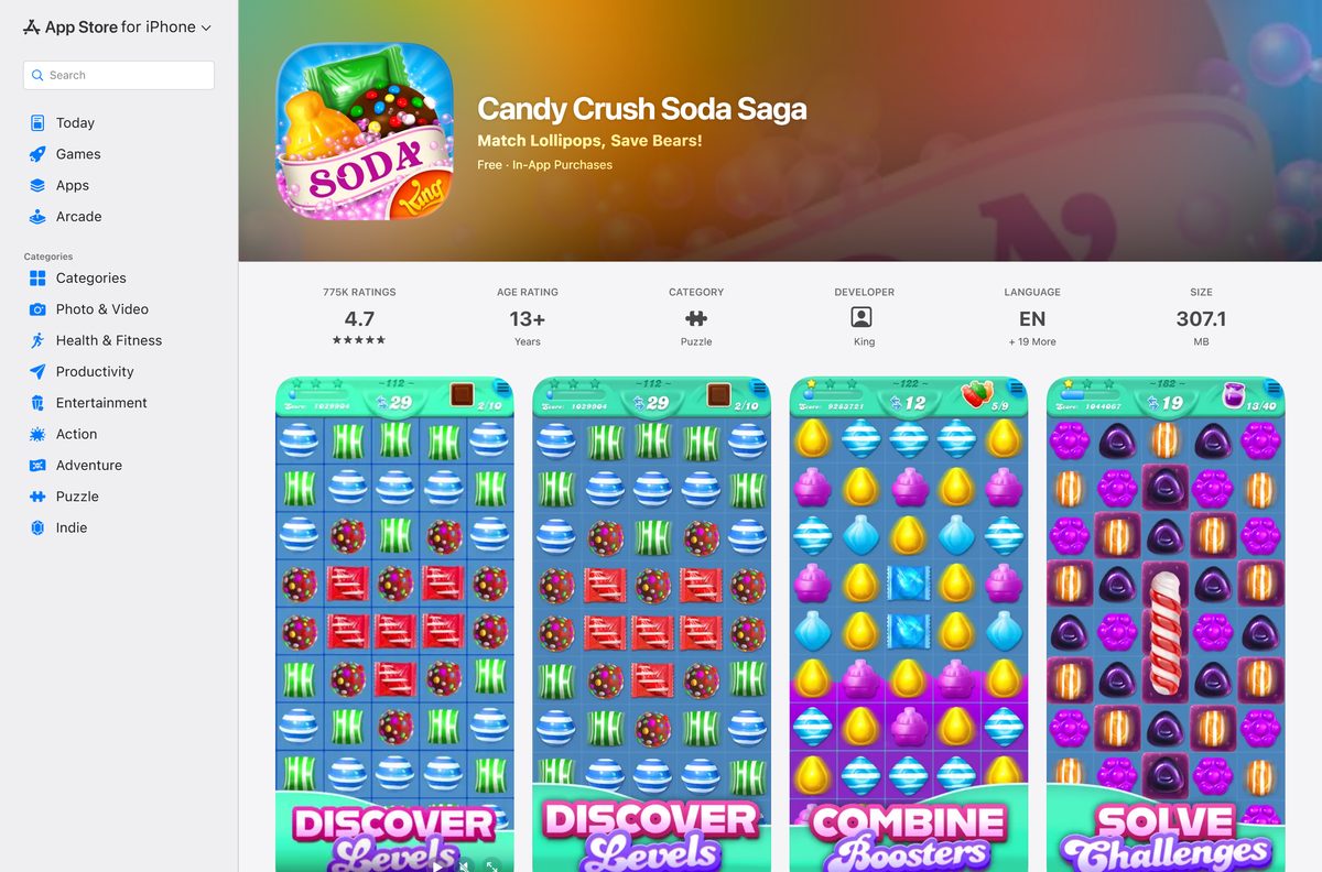 App Store page for Candy Crush Soda Saga on iPhone and iPad