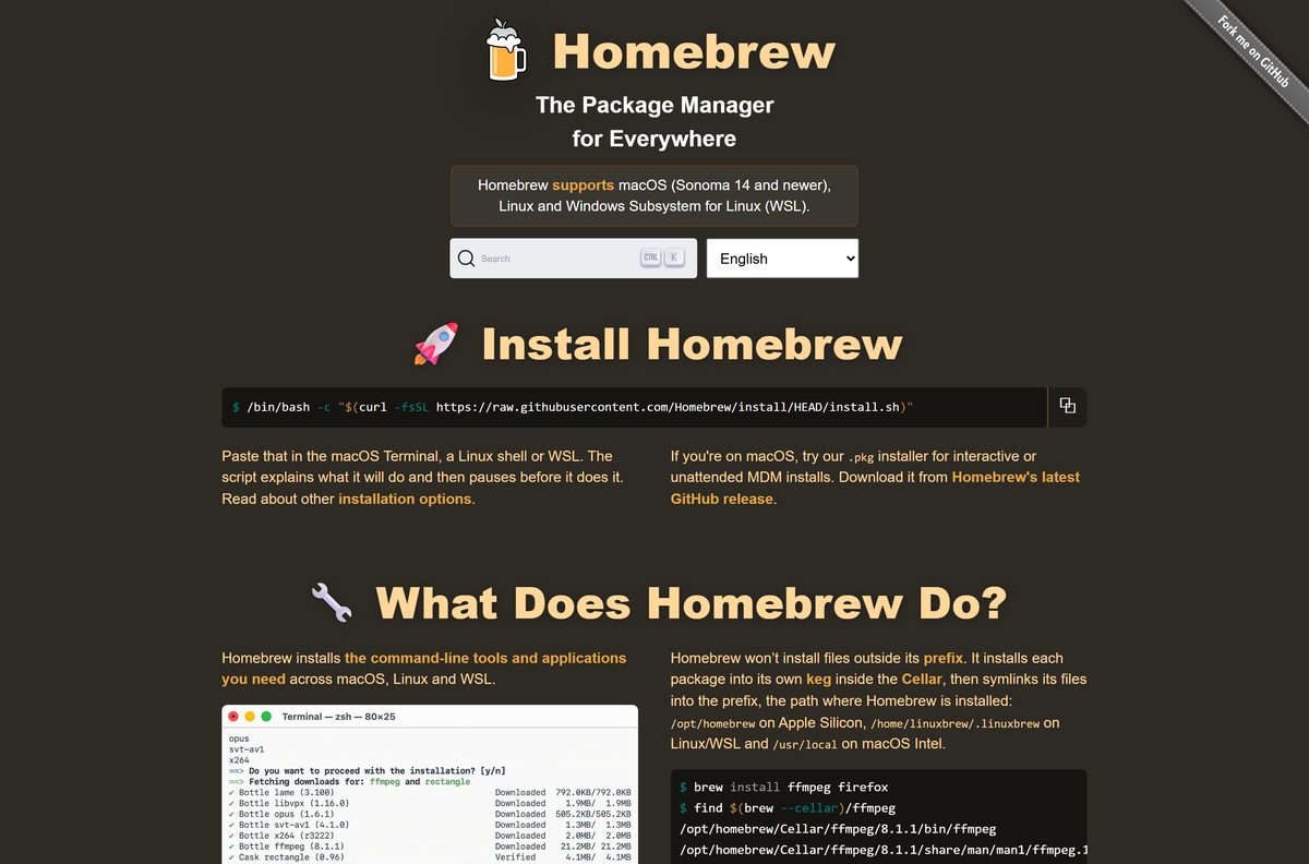 Homebrew homepage with the one-line install command