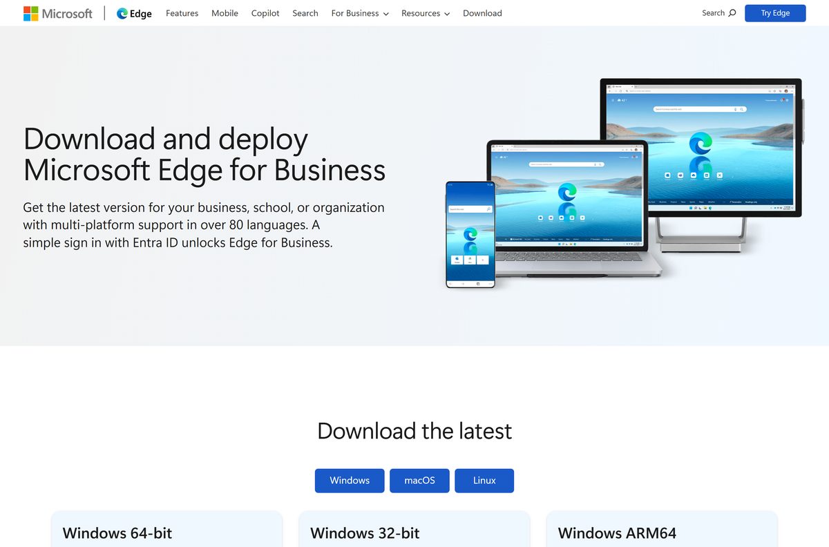 Microsoft Edge for Business download page with channel, version and platform menus