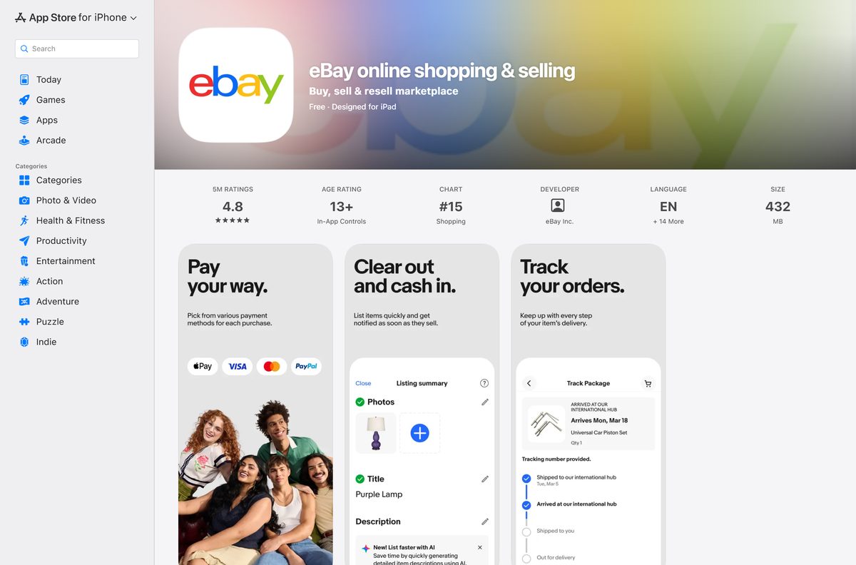 App Store listing for the eBay app with size and ratings