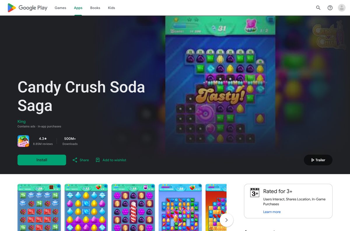 Google Play page for Candy Crush Soda Saga with the Install button