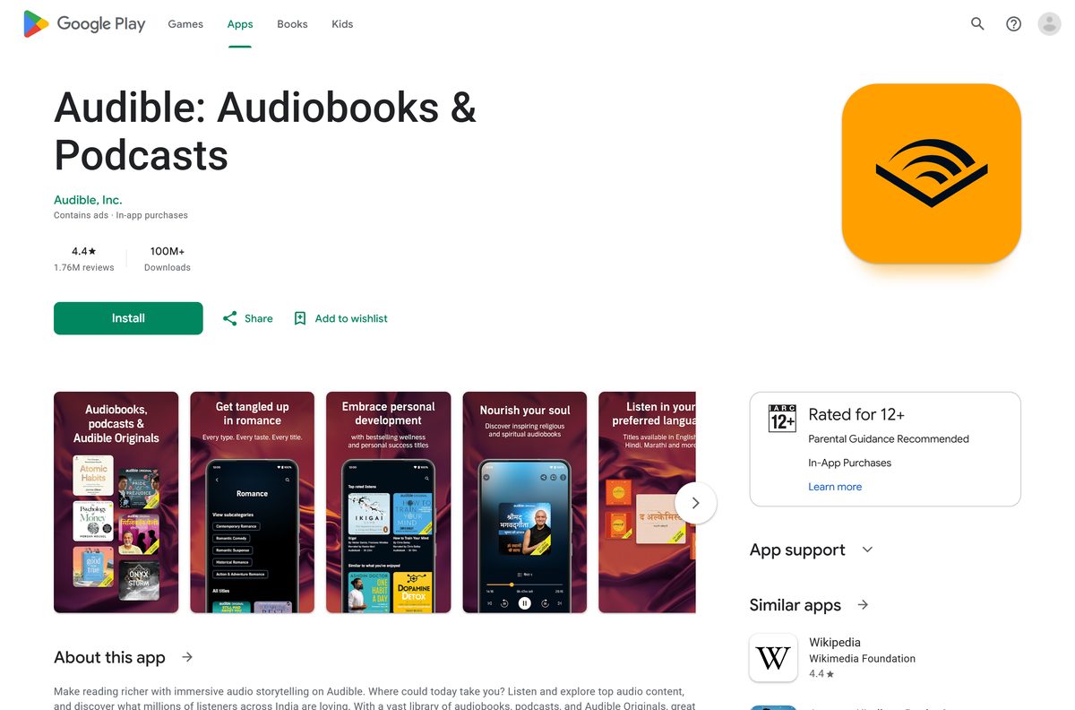 Google Play listing for Audible on Android