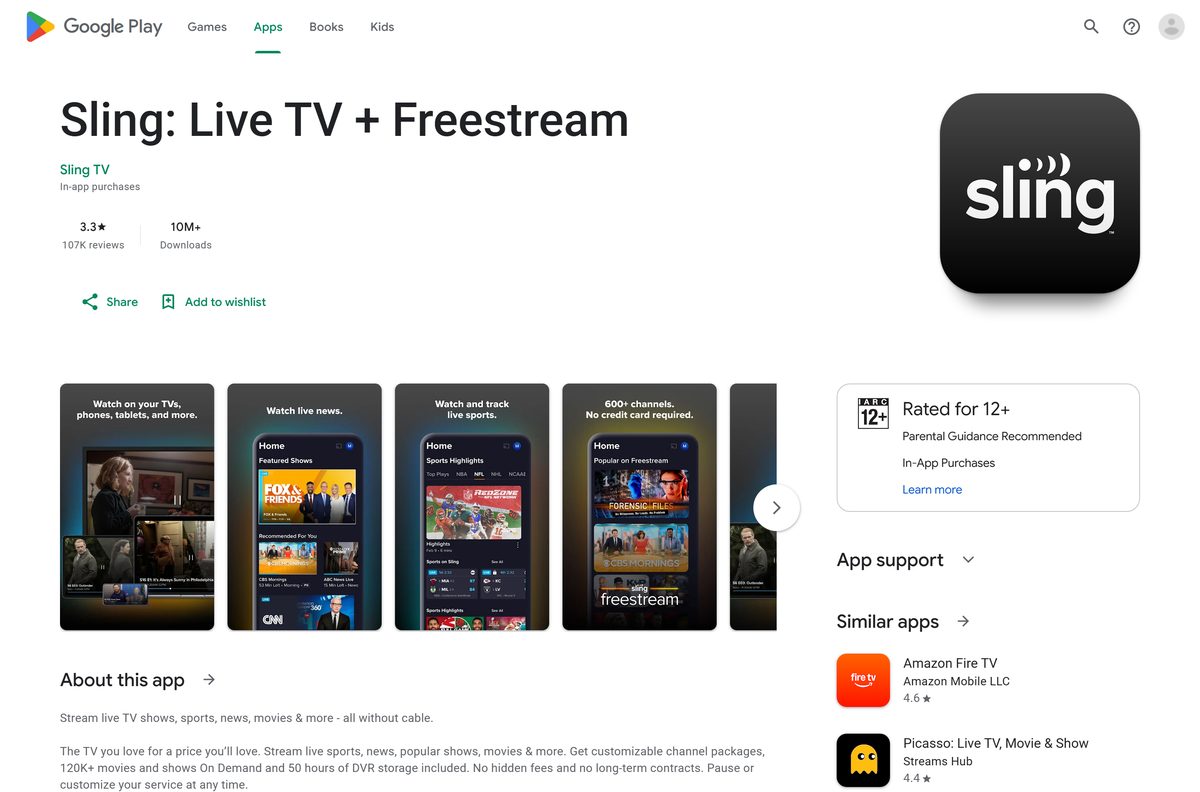 Google Play listing for Sling TV on Android