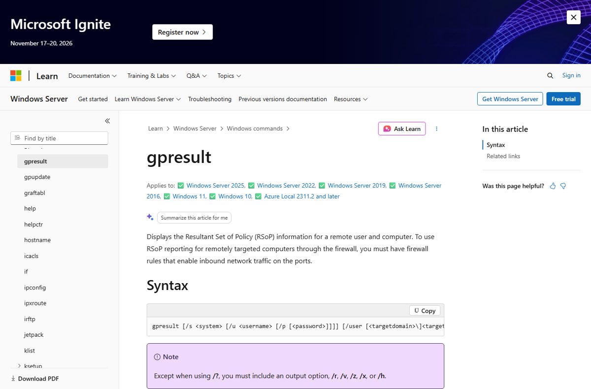gpresult command reference page with its syntax section