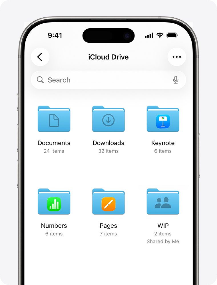 iCloud Drive folder list showing Documents, Downloads, Keynote and Numbers folders