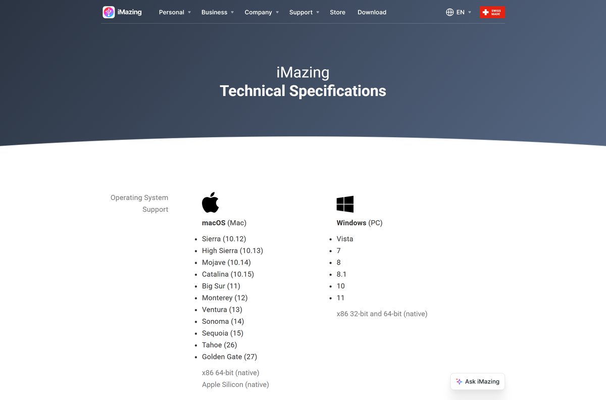 iMazing technical specifications page with supported macOS and Windows versions