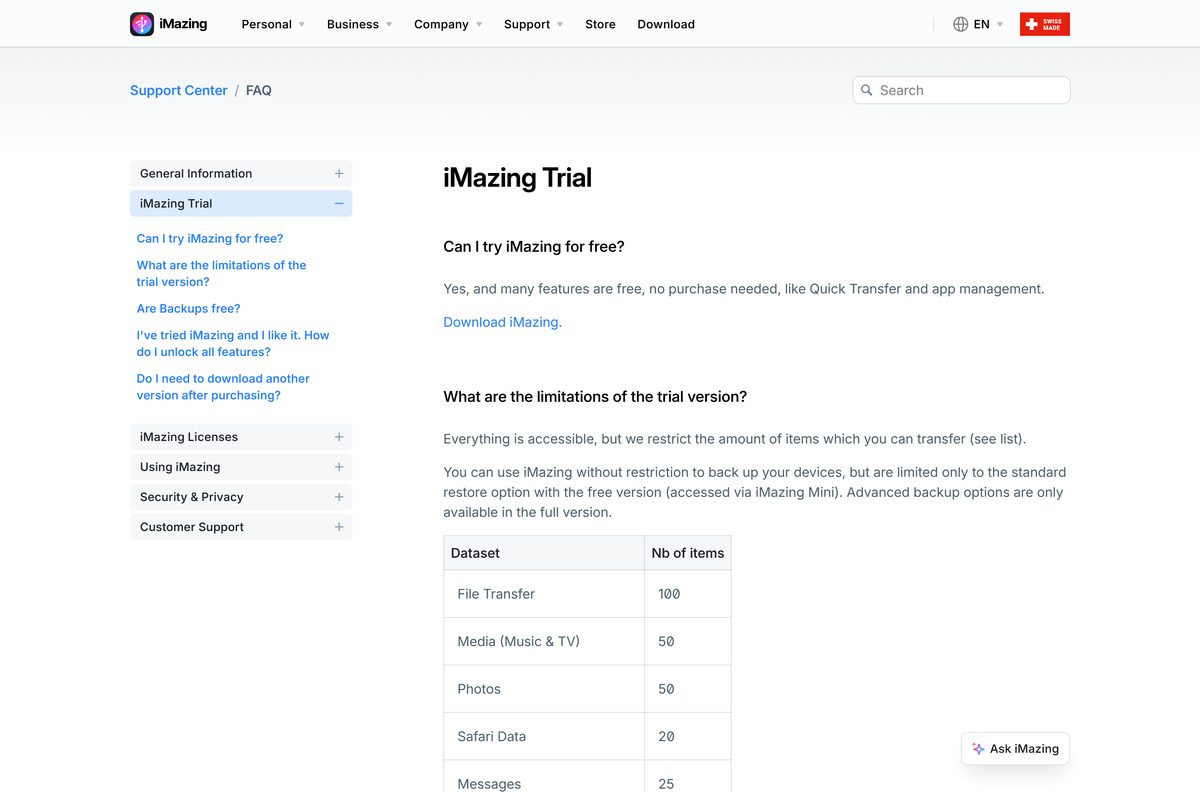 iMazing trial FAQ listing item limits for each data type