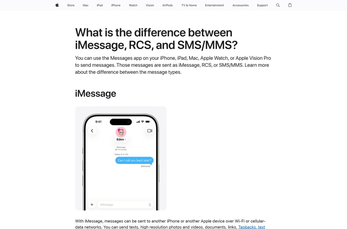 Apple support page comparing iMessage, RCS and SMS messages