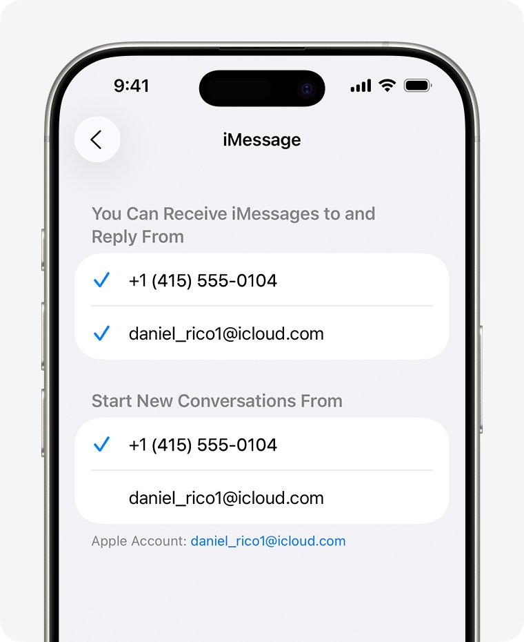 iMessage Send and Receive screen listing a phone number and email with checkmarks