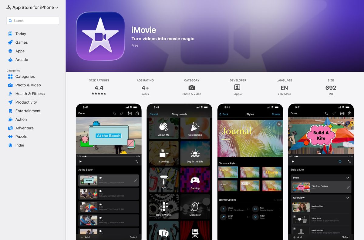 App Store listing for iMovie on iPhone and iPad with the rating shown