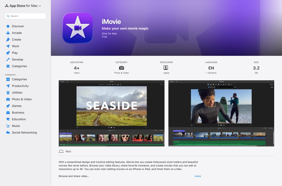 Mac App Store listing for iMovie with its price, size and category