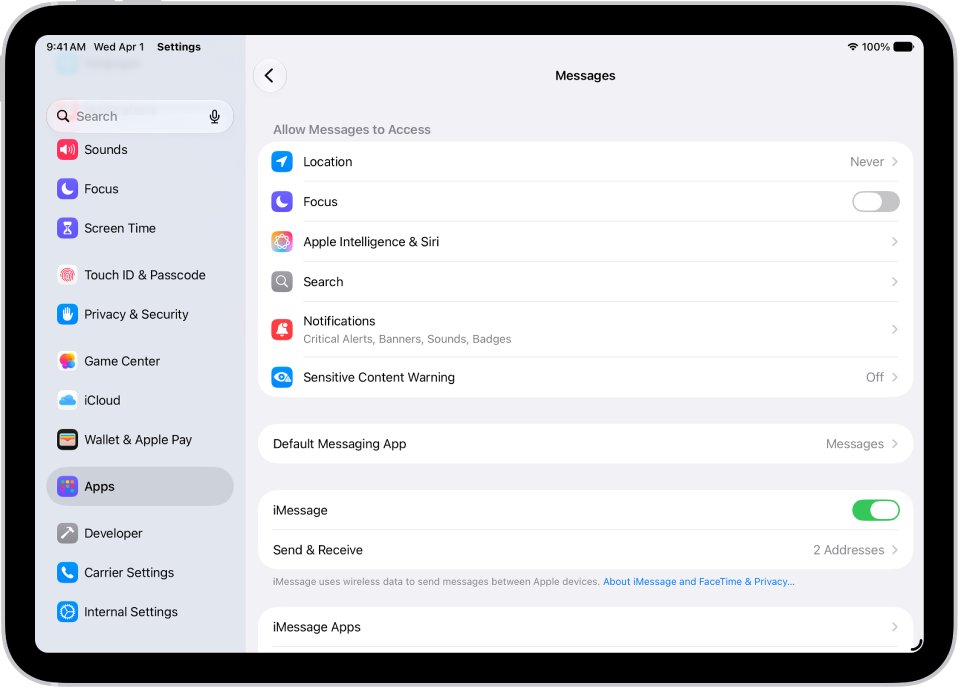 iPad Messages settings with iMessage turned on