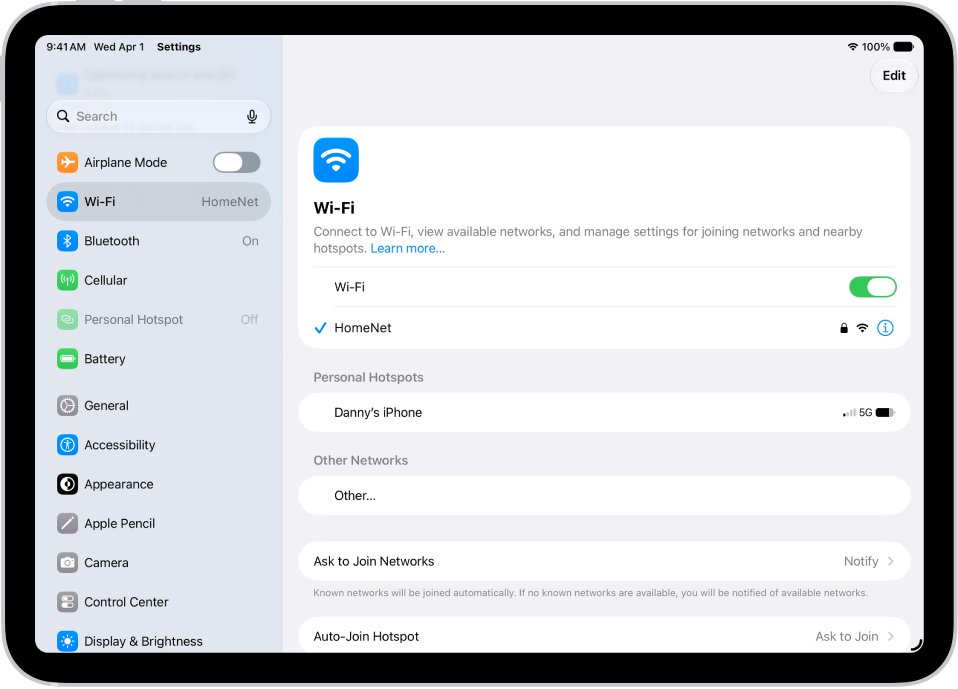 iPad Settings screen showing the Wi-Fi network list