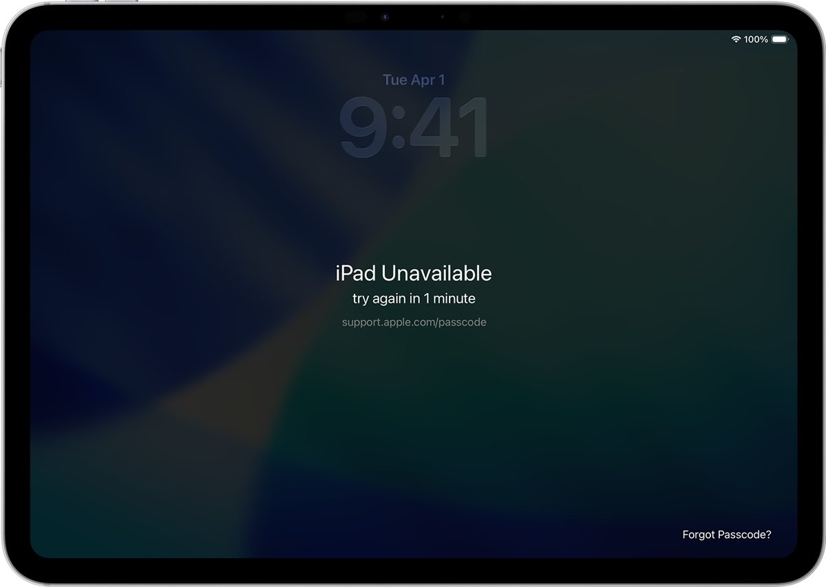 iPad Unavailable lock screen with a Forgot Passcode link