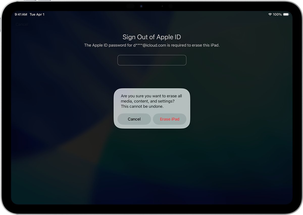iPad sign-out screen with an Erase iPad confirmation pop-up