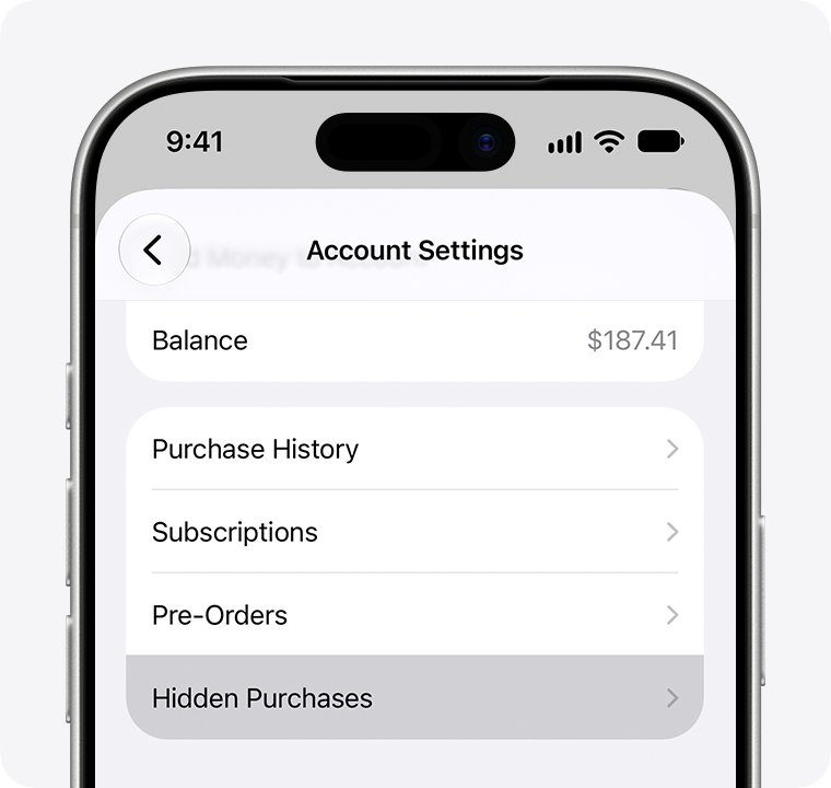 iPhone Account Settings screen with Hidden Purchases highlighted