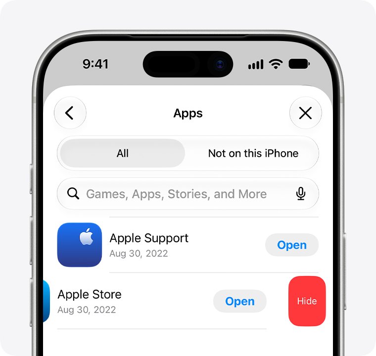 iPhone App Store list with a Hide button revealed by a swipe