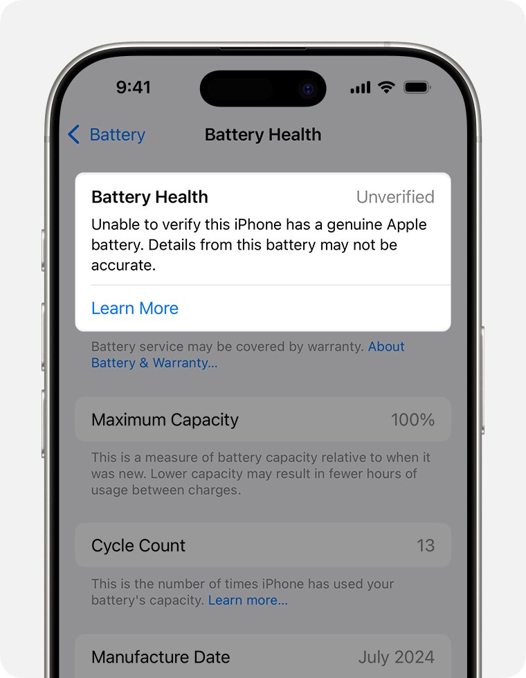 iPhone Battery Health alert stating it cannot verify a genuine Apple battery