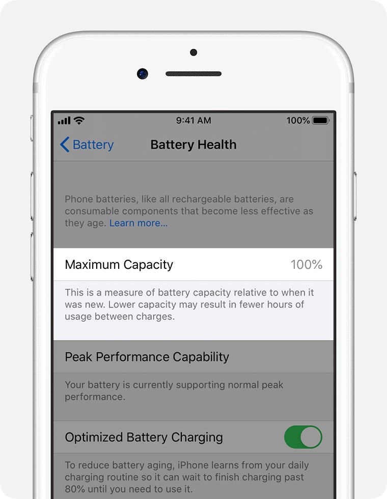 iPhone Battery Health screen showing Maximum Capacity at 100 percent