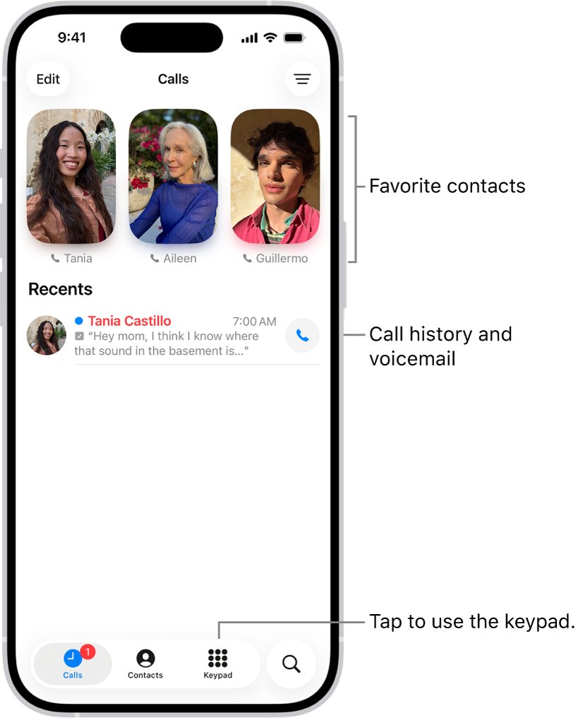 iPhone Calls tab with Favorites and a Recents call list