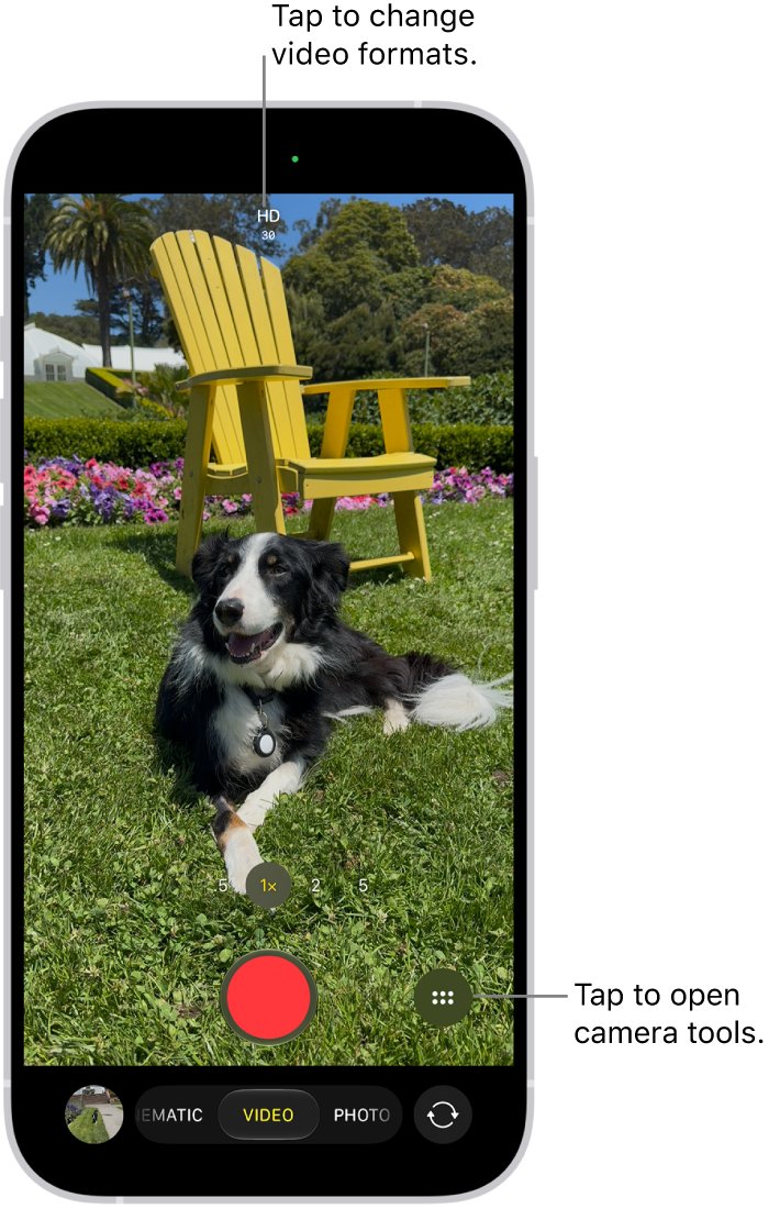 iPhone Camera app in Video mode showing format and tools buttons