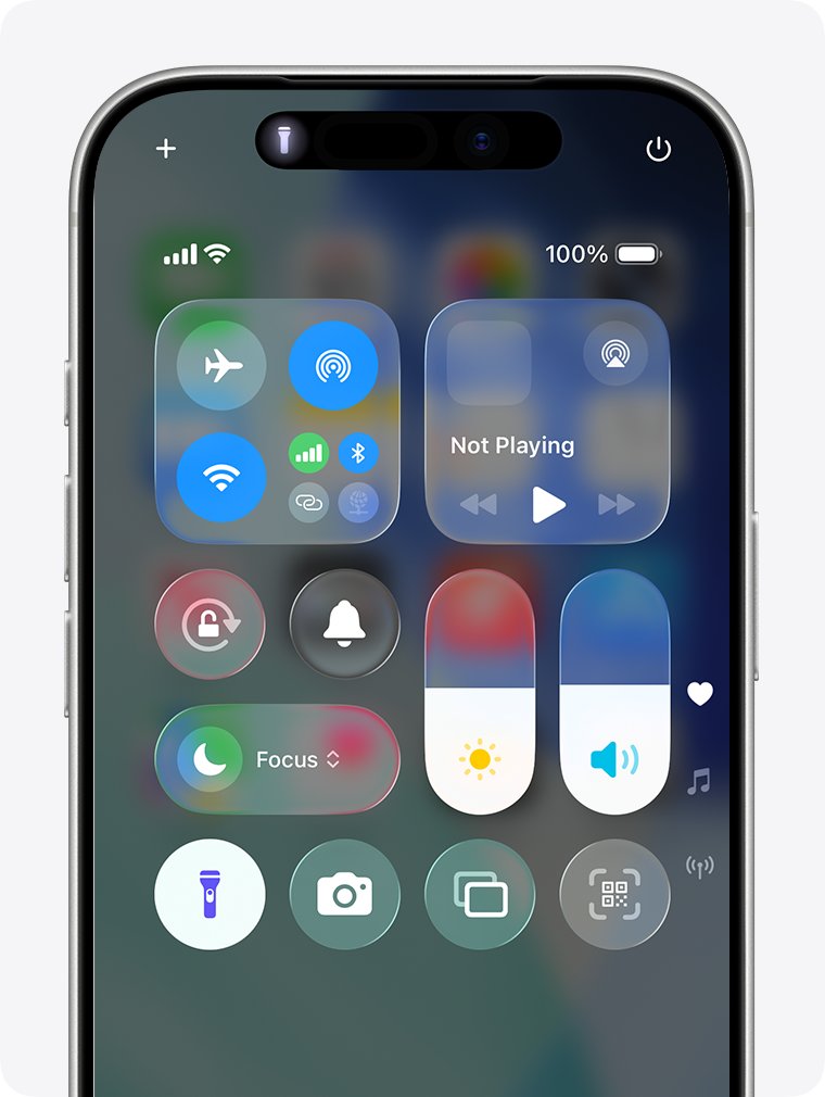 iPhone Control Center showing the Flashlight button glowing white