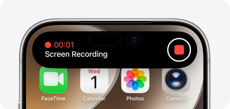 iPhone Dynamic Island showing an active Screen Recording with red timer