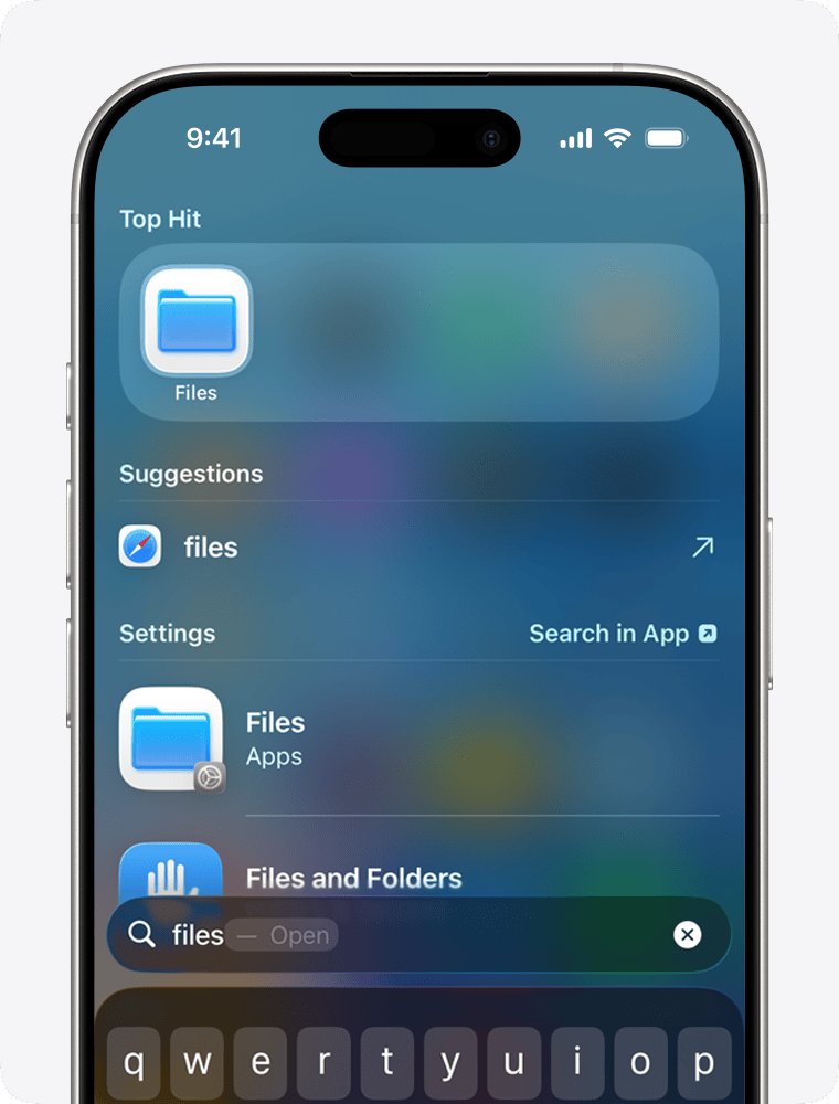 iPhone Home Screen search showing the Files app as Top Hit