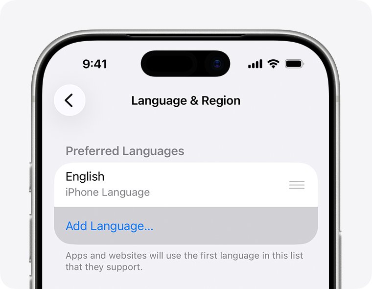 iPhone Language & Region screen with Add Language option highlighted