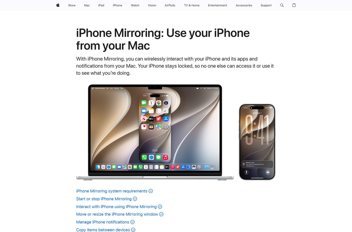 Apple support page listing iPhone Mirroring requirements for Mac