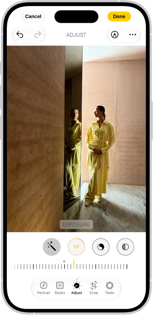 iPhone Photos app Adjust panel with the Exposure slider open