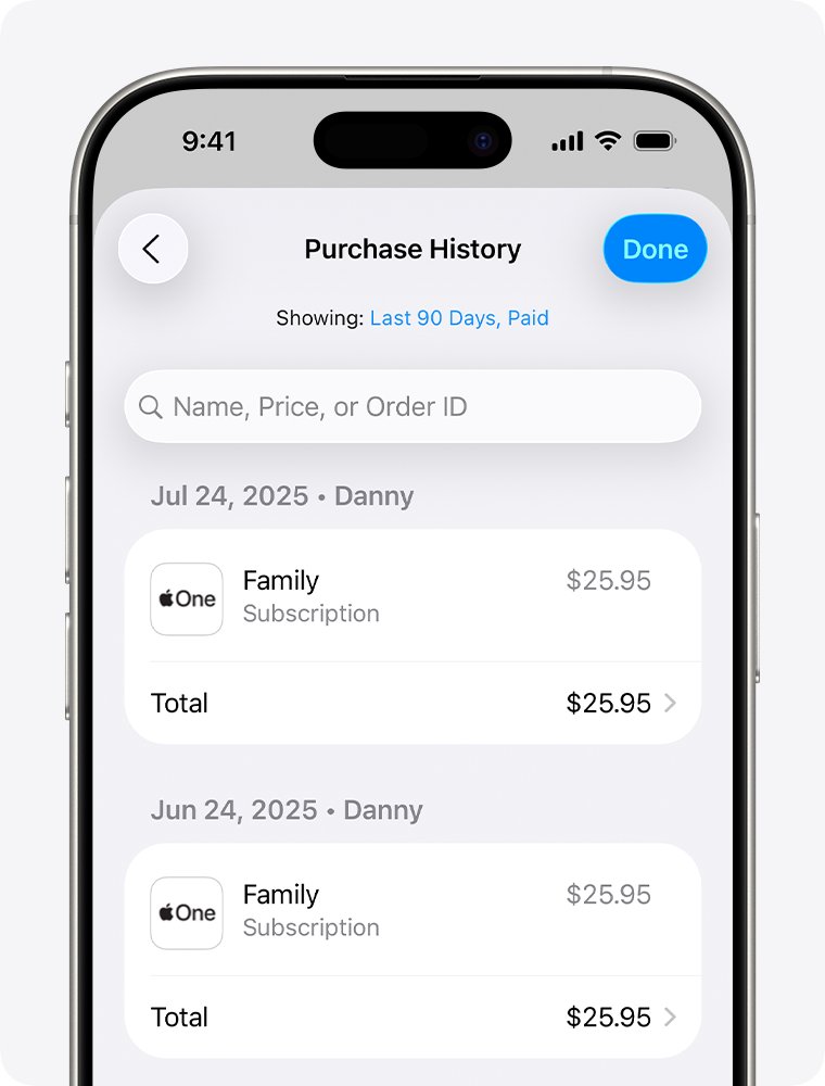 iPhone Purchase History screen listing Apple One subscription charges by date