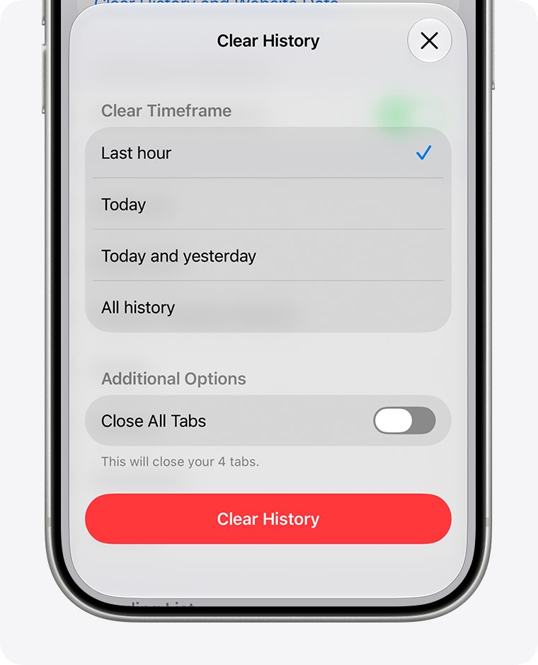 iPhone Safari Clear History sheet with timeframe options listed