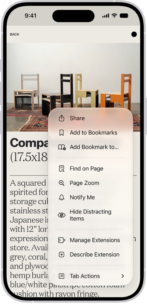 iPhone Safari page menu listing Manage Extensions among its options