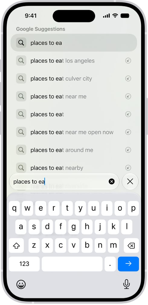 iPhone Safari search field with a list of suggestions above the keyboard