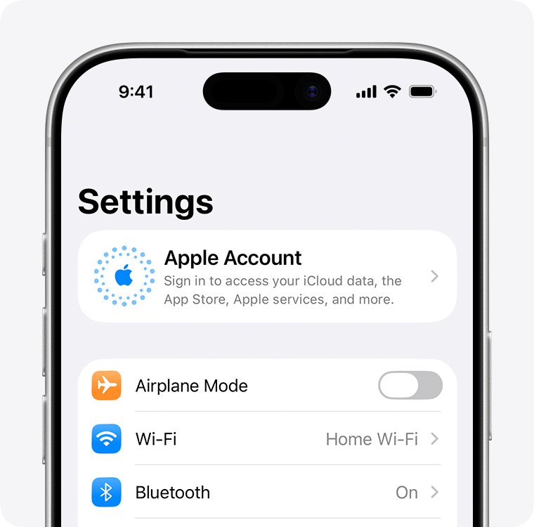 iPhone Settings screen with the Apple Account entry at the top