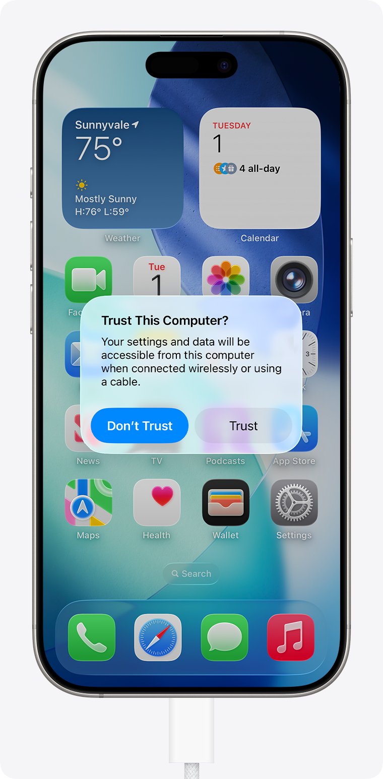 iPhone Trust This Computer alert with Trust and Don't Trust buttons